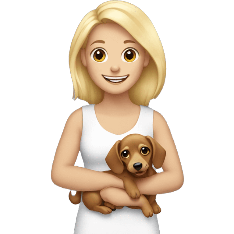 smiling blonde girl with marble dachshund in her arms emoji