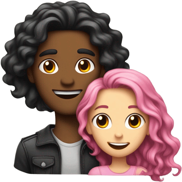 make a guy and a girl, they are hugging, the girl has pink long wavy hair. The guy has black hair and light skin. They are facing each other emoji