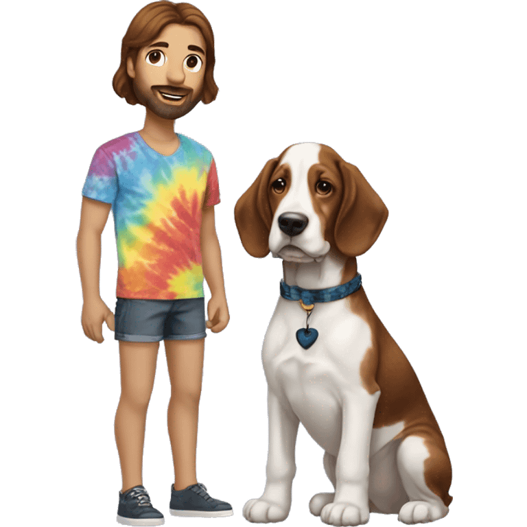 White male with dark brown hair and reddish brown beard wearing a tie-dyed shirt with a  Bassett hound female puppy  emoji