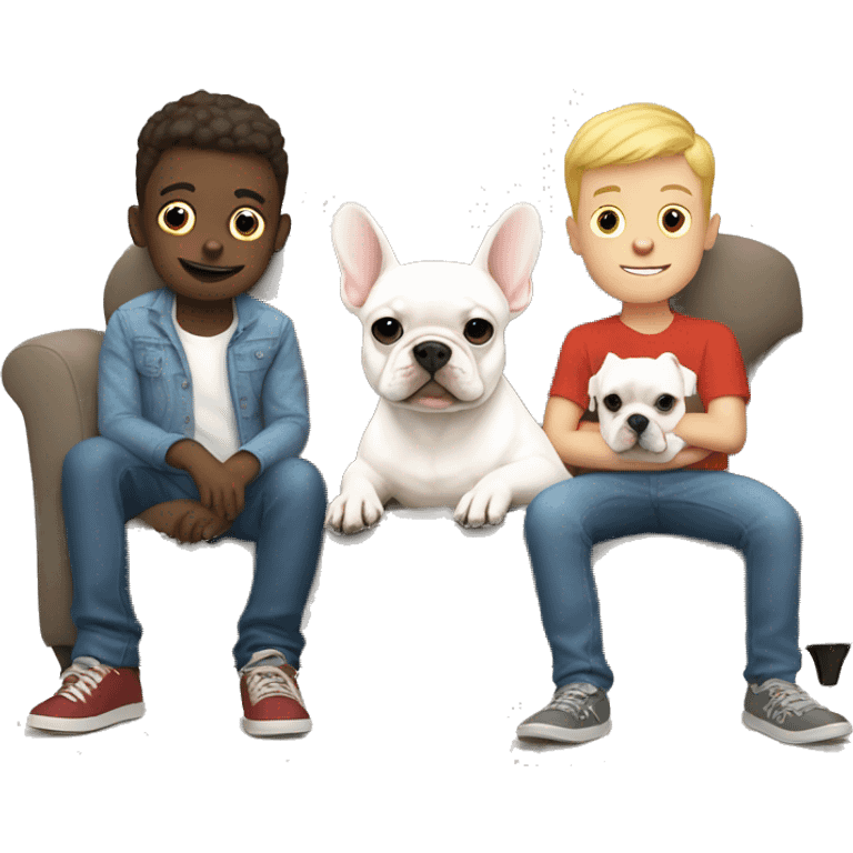 White frenchie on couch with two boys emoji