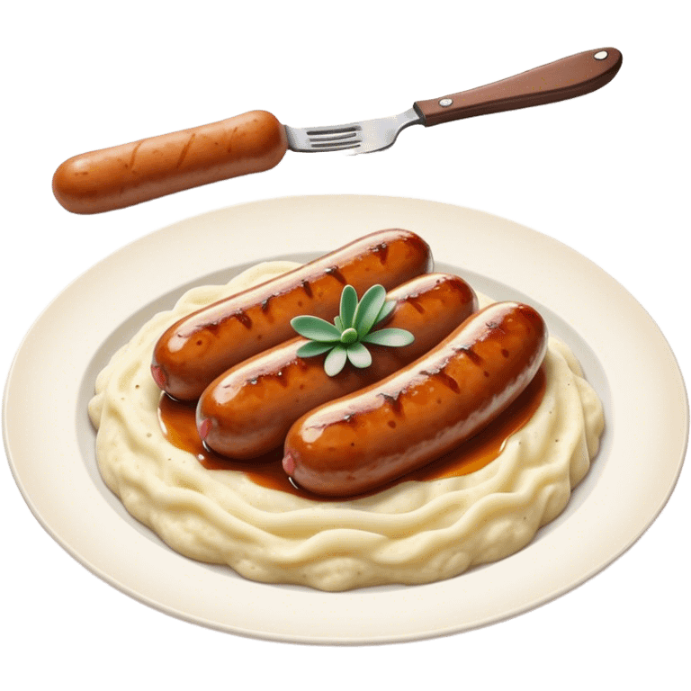 Cinematic Realistic Bangers and Mash Dish Emoji, featuring succulent pork sausages paired with creamy mashed potatoes rendered with detailed textures and natural highlights that emphasize its robust, hearty flavor. emoji