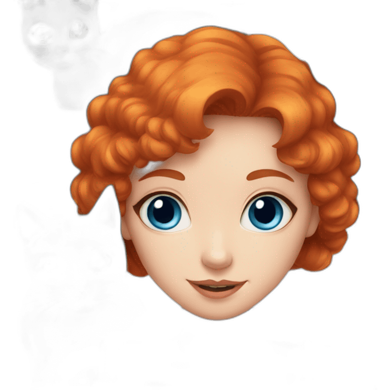 a red haired girl with blue eyes surrounded by 3 black cats emoji