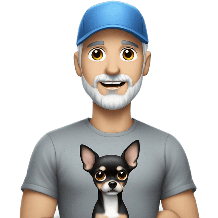 Handsome blue eyed man, with grey hair,  and grey goatee beard, wearing ball cap, holding a black long hair chihuahua  emoji