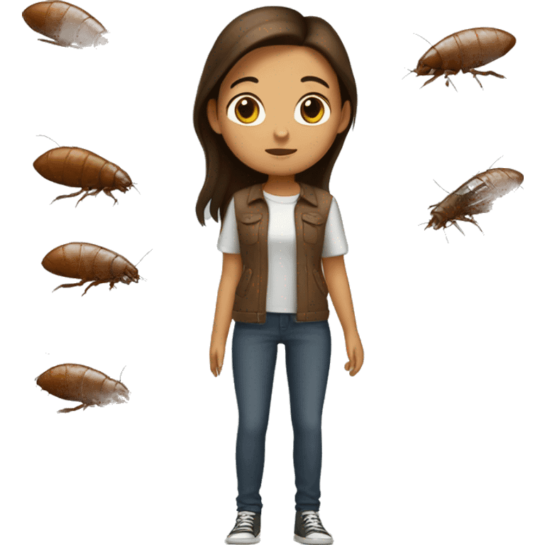 a slightly tan brown haired girl standing next to a roach  emoji