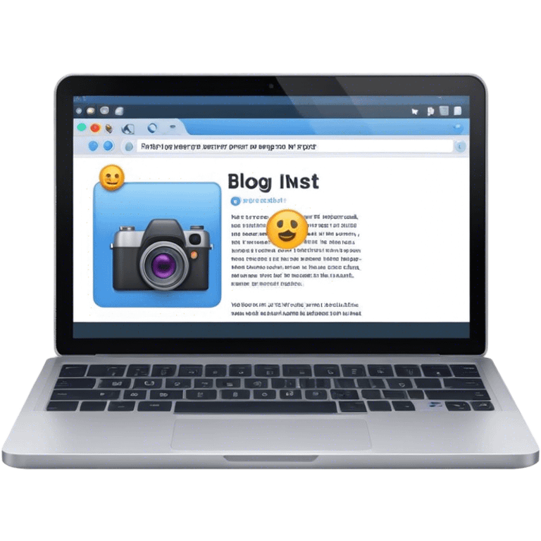 Create an emoji of blogging. The design should feature an open laptop or tablet with a visible blog post on the screen, showing text. Add a photo or video camera to symbolize multimedia content creation. Use modern, professional colors. No smiles. Make the background transparent. emoji