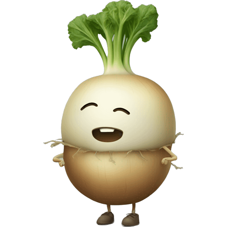 turnip with stubby arms and legs, in casual outfit emoji