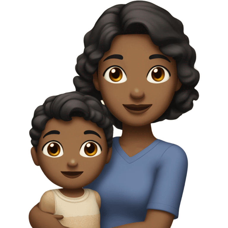 Girl with black hair on her shoulders, round eyes and dark browns, with a headband and a little hair on her forehead, holding a two-year-old boy in her arms, half brown and light brown eyes and wavy with half brown blond hair emoji