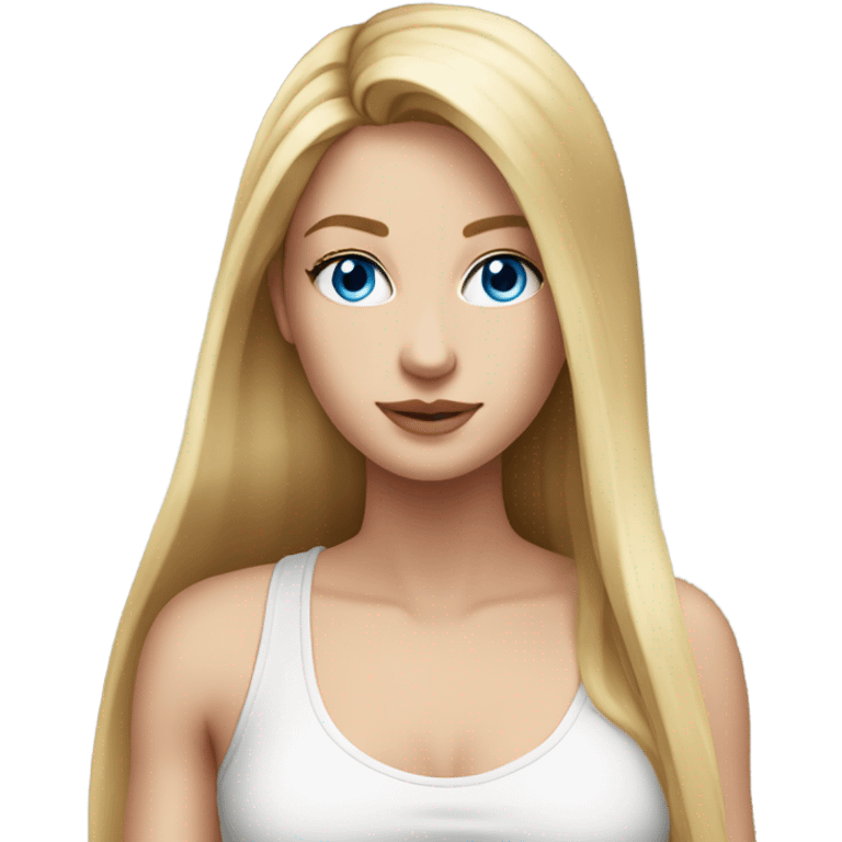 beautiful woman, long straight blonde hair, blue eyes, white tank top, tilted head emoji