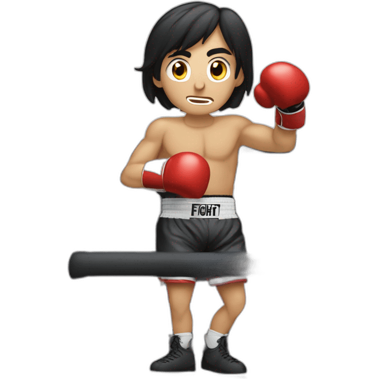 A dark-haired photographer in a boxing ring with an info bubble on the side that says fight. emoji