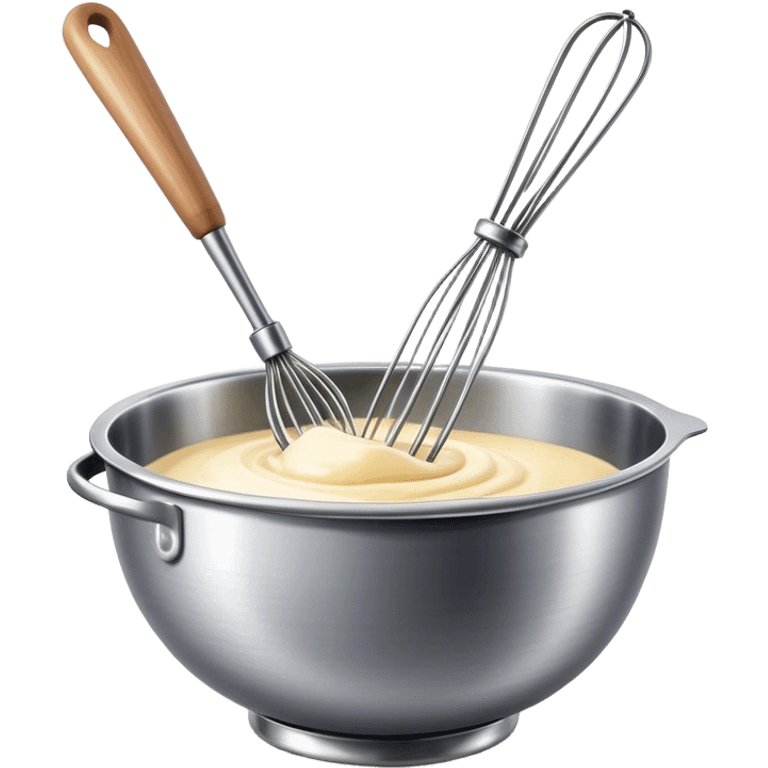 Cinematic Realistic Whisk & Mixing Bowl, a well-used metal whisk resting in a smooth ceramic mixing bowl, light reflecting off the whisk’s polished surface, subtle smears of batter along the rim, glowing with a sense of warmth and creativity. emoji