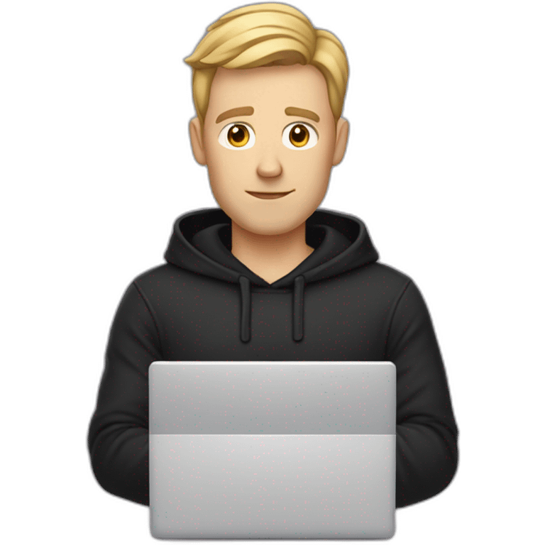 a serious-looking white man wearing a black hoodie behind a laptop emoji