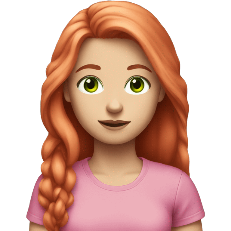 a white-skinned girl with long red hair and green eyes in a pink T-shirt emoji