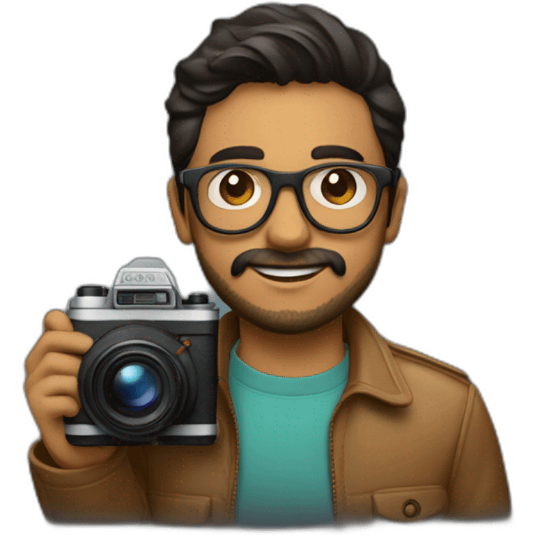 Young Latino film director, small beard and glasses is holding a super 8mm film camera emoji