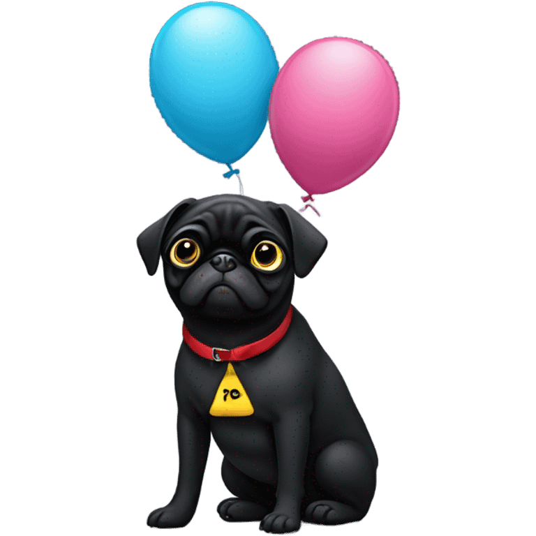 Black pug  and a ballon that says  “I’m sorry” emoji