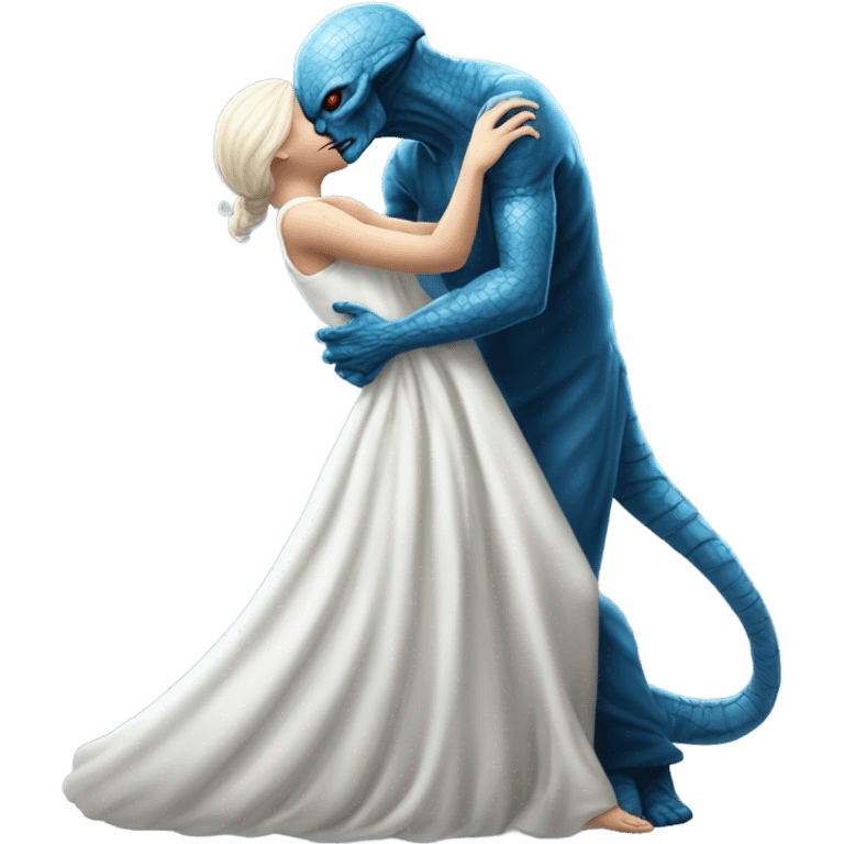 Alien reptilian woman in white dress hugs and kissing a normal "white male human man" in blue dress emoji