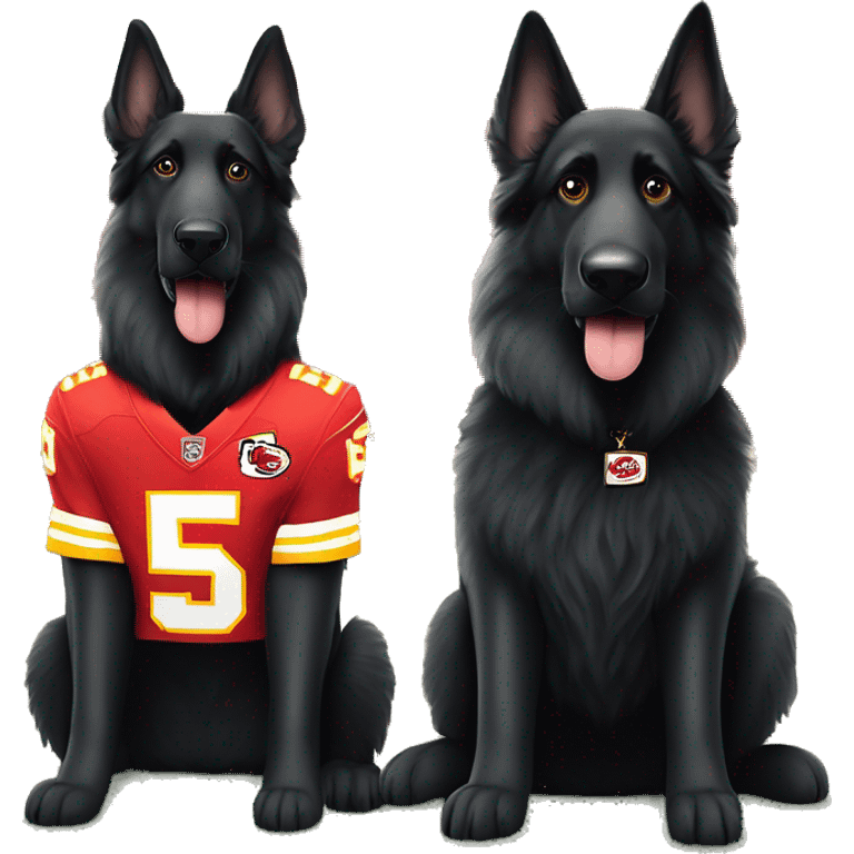 Two black long haired German Shepherd dogs sitting next to each other wearing Patrick Mahomes & Travis Kelce Kansas City Chiefs jerseys  emoji