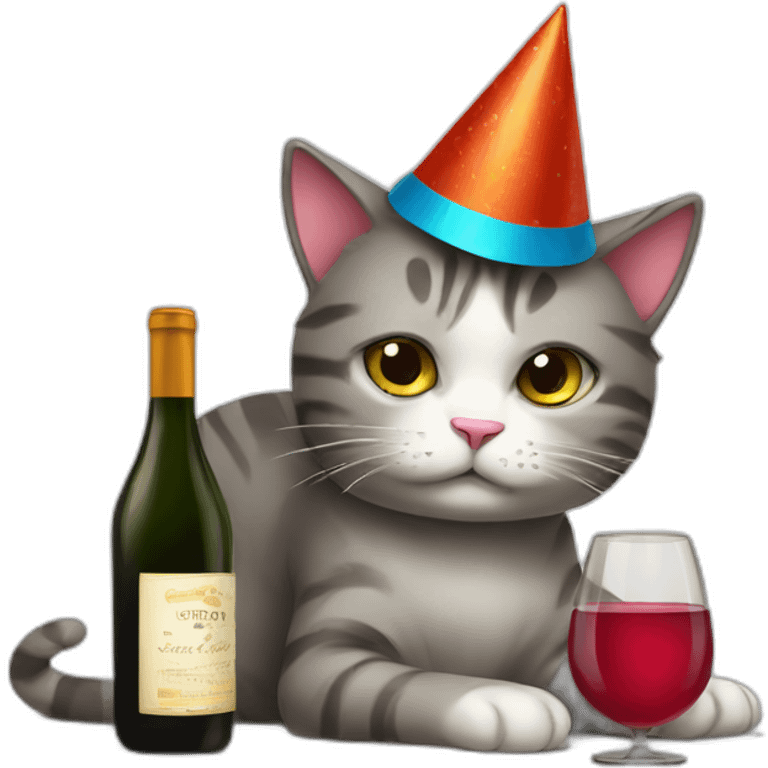 depressed tired kitty drinking wine and party hat on emoji