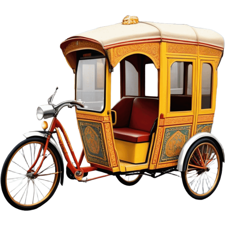 Cyclo rickshaw – Cinematic Realistic Cyclo Rickshaw, depicted as a charming, ornately painted three-wheeled cycle taxi with vintage detailing, set on bustling city streets under dynamic urban lighting that evokes cultural heritage and nostalgic charm. emoji