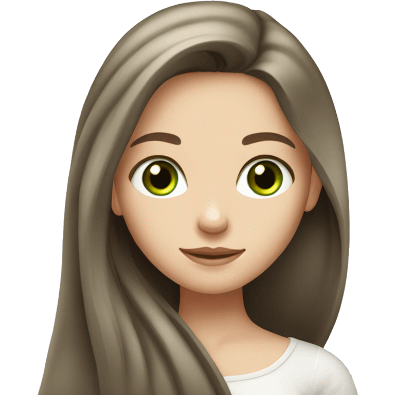 Brunette girl with long hair, white skin, Europe race,green eyes emoji