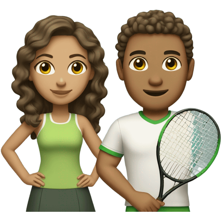 A couple playing tennis. The man is light skin (olive tone) with straight brown hair and green eyes. The woman is lighter tan (Latina) with curly dark brown hair and light brown eyes. emoji