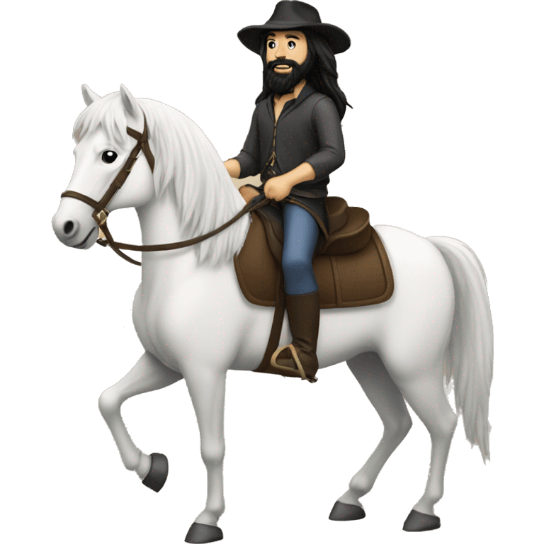 White guy with long black hair and black beard riding a horse emoji