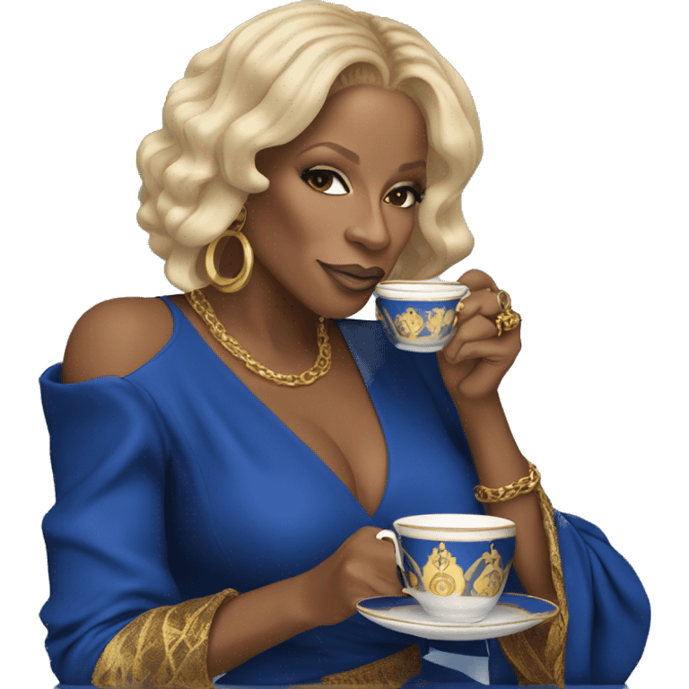 Mary j blige drinking tea with blue and gold locs wearing a royal blue and gold dress  emoji