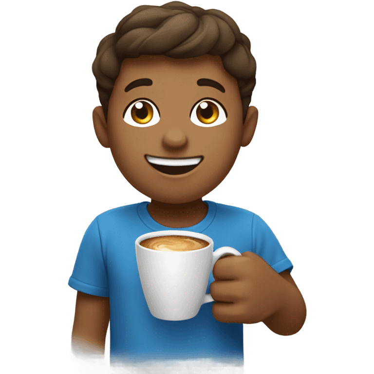 smiling boy in blue shirt with coffee and croissant  emoji