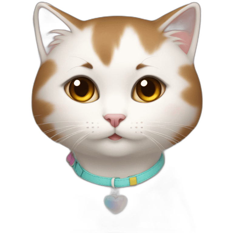 A girl with short brown straight hair and on her left shoulder and neck lies a white fluffy cat with eyes of different colors emoji