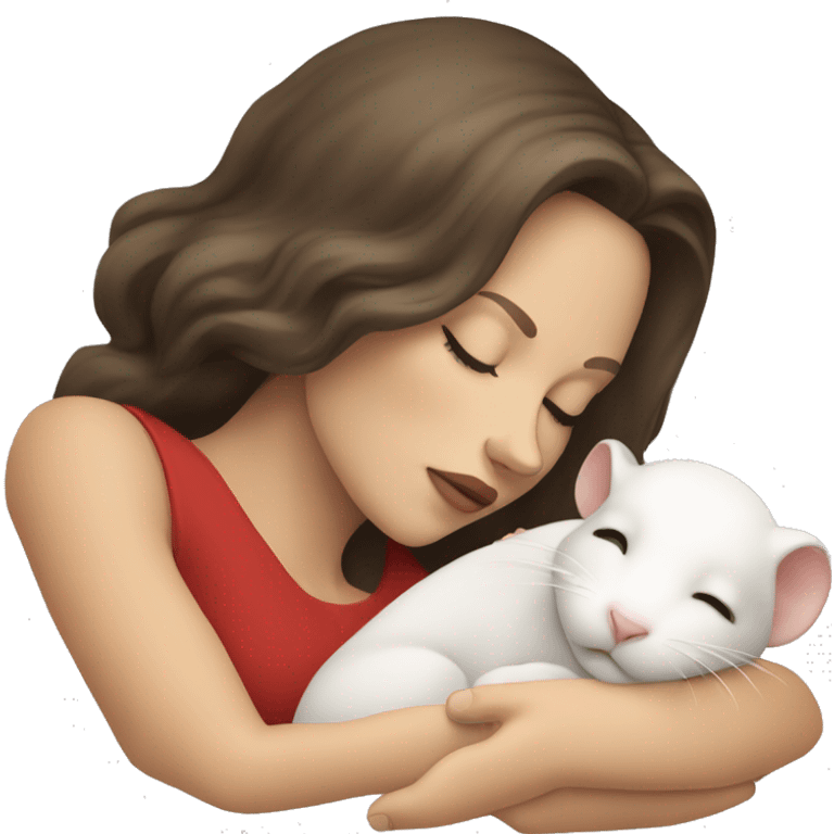 white brunette sleeping tan woman holding one tiny white rat with red eyes emoji