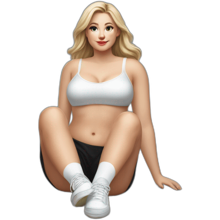 hyperrealistic-full-body-caucasian-curvy-beauty-sitting on the ground-small black-skirt-white knickers white socks emoji