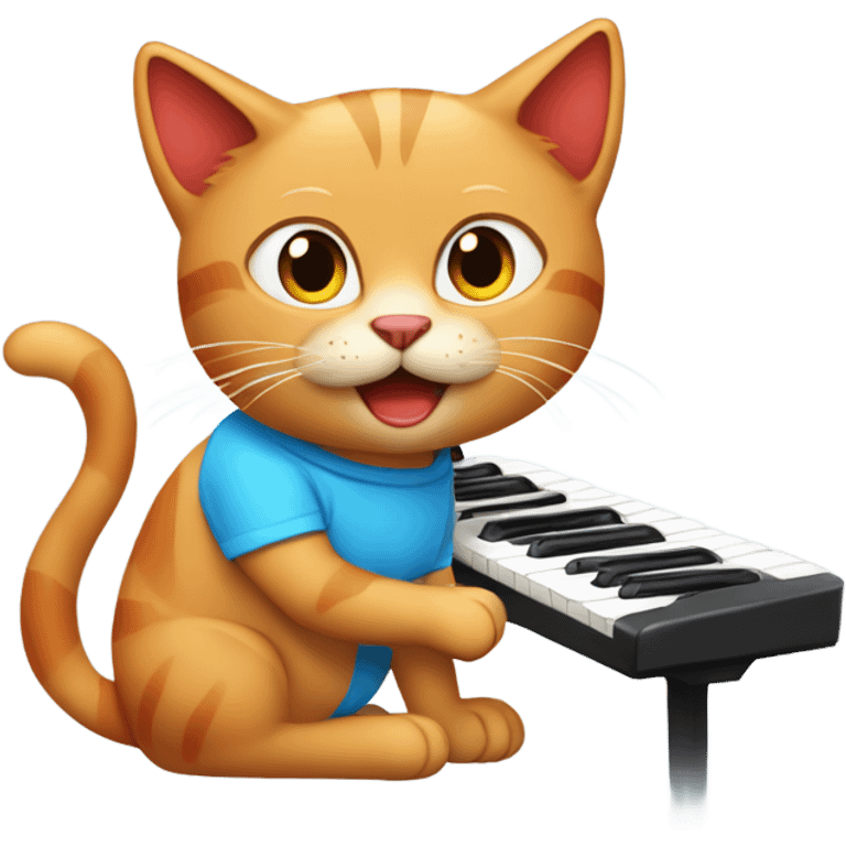 tan-red cat wearing a light-blue t-shirt taps musical keyboard emoji