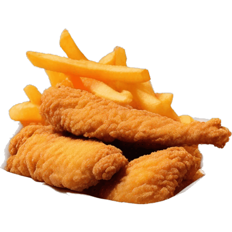 3 chicken tenders with crinkle fries and orange sauce on the side in a styrofoam container styrofoam container emoji