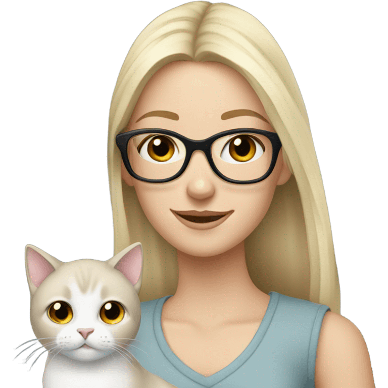 Pretty blonde girl holding her white and gray cat the girls is wearing glasses emoji