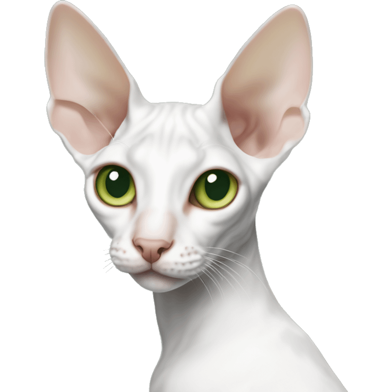 The Cornish Rex cat is white, with a gray spot on her coat near her right eye. The eyes are green emoji