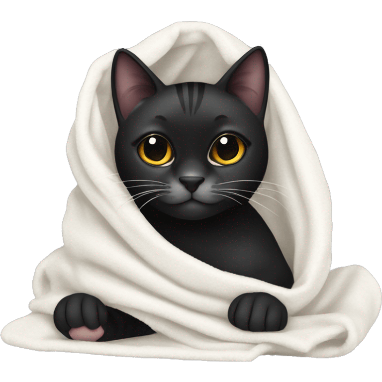 Black tiger cat with white dot on mouth, white neck, with a cozy blanket emoji