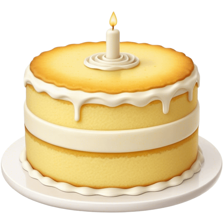 Cinematic Realistic Simple Vanilla Cake, a perfectly baked golden sponge with soft, airy layers, delicate vanilla frosting smoothly spread across the top, tiny flecks of vanilla bean visible, warm golden lighting creating depth, glowing with a sweet, irresistible charm. emoji