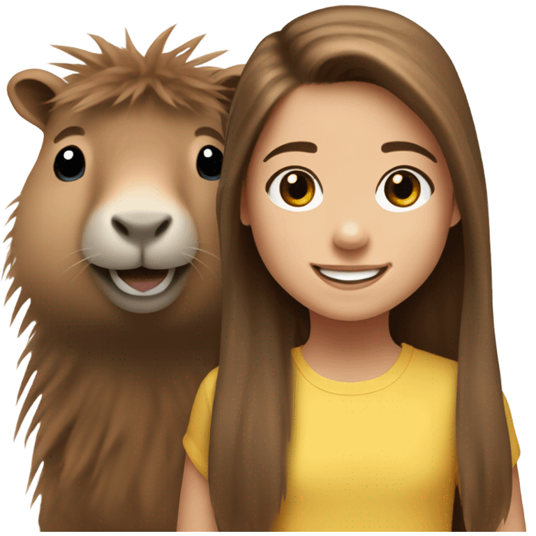 happy 10-year-old white girl with long brown hair kind of messy hair, smiling next to capybara emoji