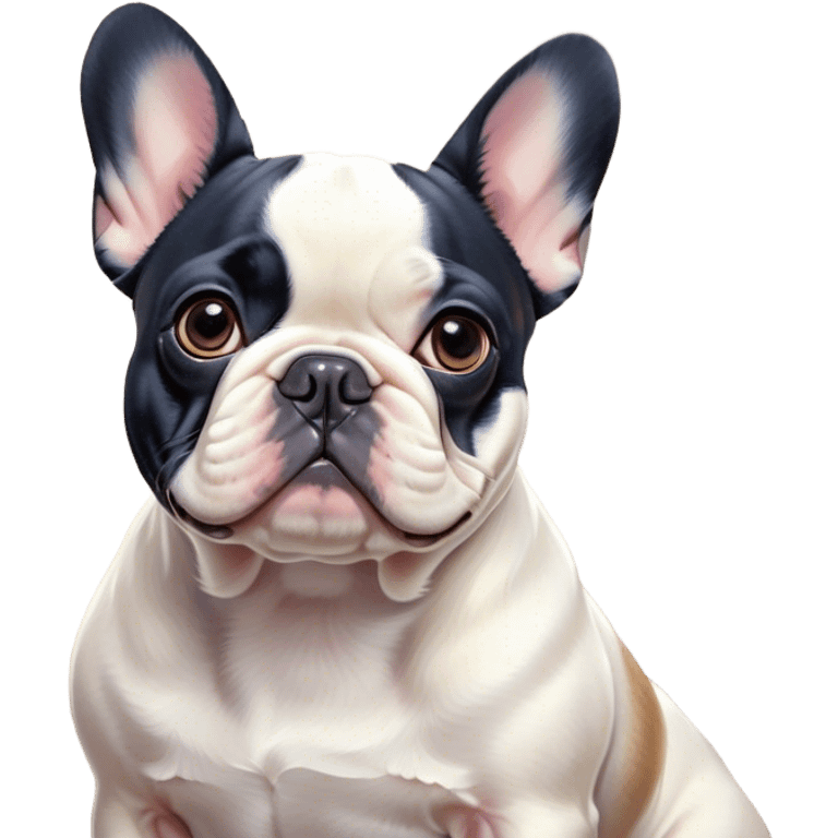 Cinematic Noble Pied French Bulldog Portrait Emoji, Radiating regal yet playful charm, with a distinctive pied fur of contrasting hues and a sculpted, expressive face featuring gentle, wise eyes and a confident stance, simplified yet artistically detailed, glowing with a soft, sophisticated radiance, high shine, exuding intelligent nobility and refined flair, soft glowing outline, capturing the essence of a noble Pied French Bulldog that embodies both strength and grace! emoji