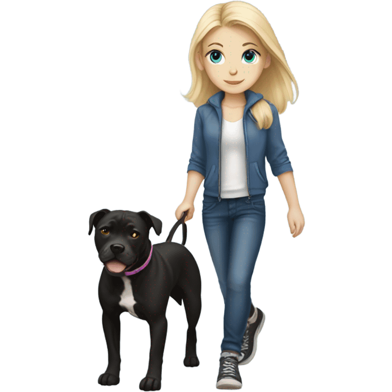 Blonde hair blue eyed girl walking black pit bull emoji