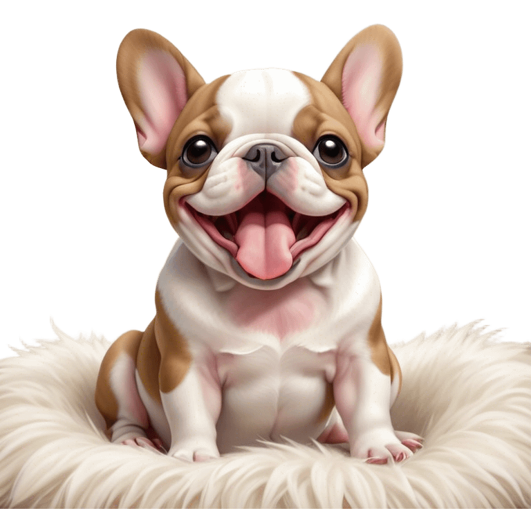 Cinematic Cute Yawning Pied French Bulldog Portrait Emoji, Head tilted with an exaggerated, endearing yawn and sleepy, squinty eyes, showcasing a unique pied fur of contrasting colors with a playful expression, simplified yet irresistibly adorable, highly detailed, glowing with a soft, cozy radiance, high shine, exuding a relaxed, humorous charm, styled with a gentle, soft glowing outline, capturing the essence of a Pied French Bulldog in a blissfully cute yawn that warms the heart! emoji