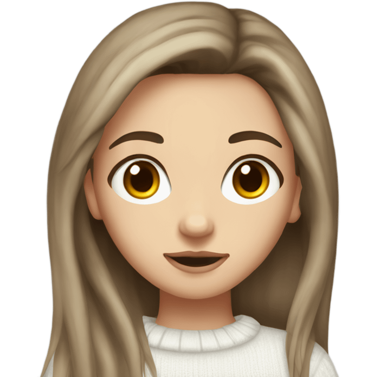 White brunette girl, brown eyes, long hair, just with a little bit of makeup and a white sweater  emoji