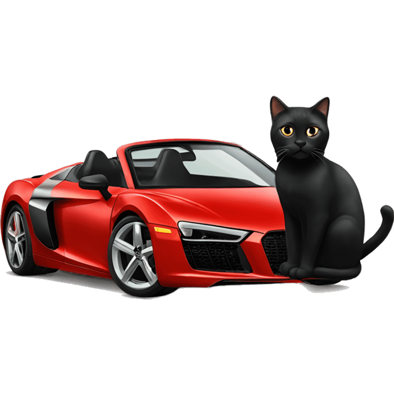 black cat with smal white spot on neck sitting on a red audi r8 emoji