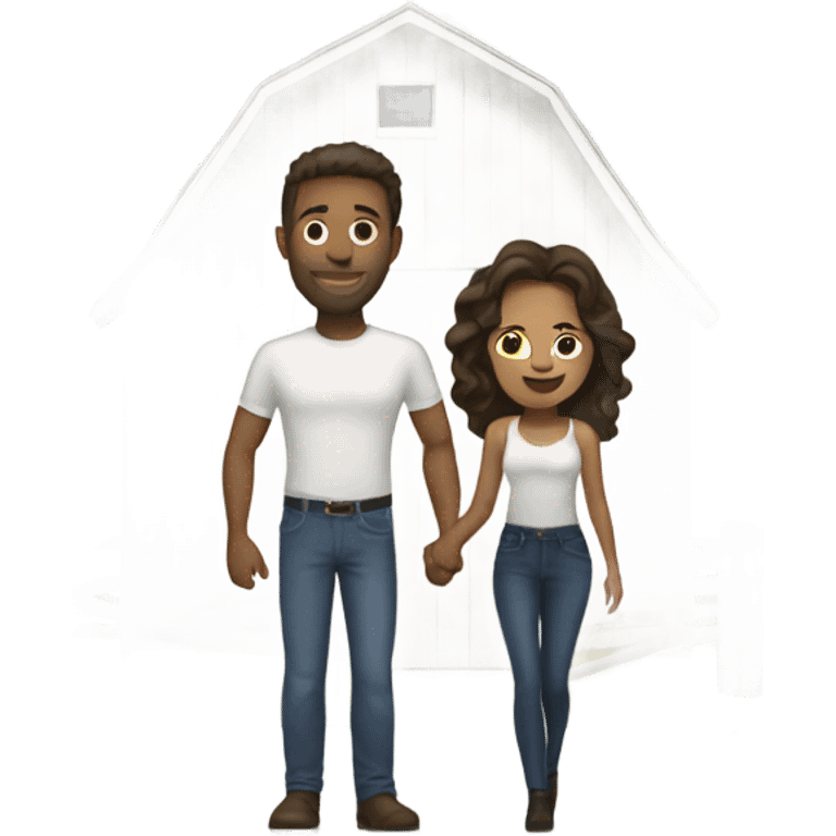 White barn with brunette couple our front emoji