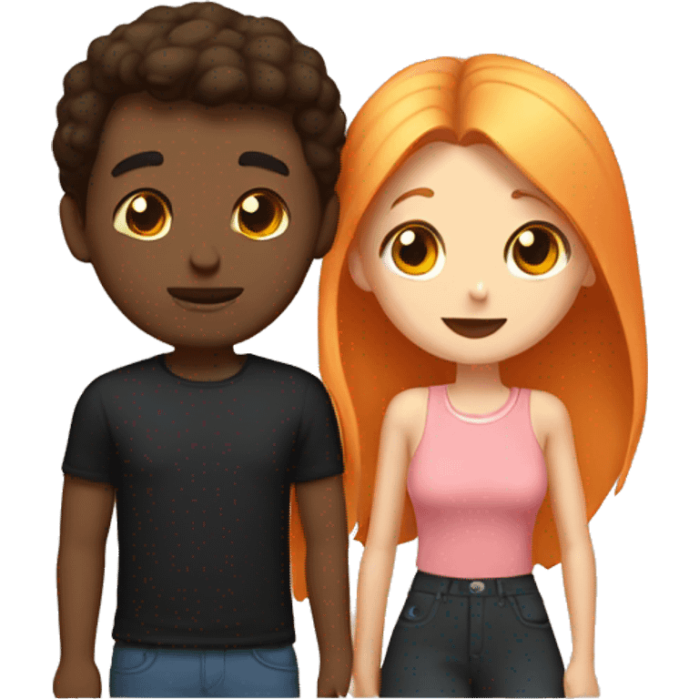 A girl with a black square kisses a tall guy with brown hair. Above them is a peach emoji