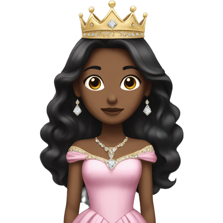 princess with black long hair, pink gown, gold crown, white skin, diamonds emoji