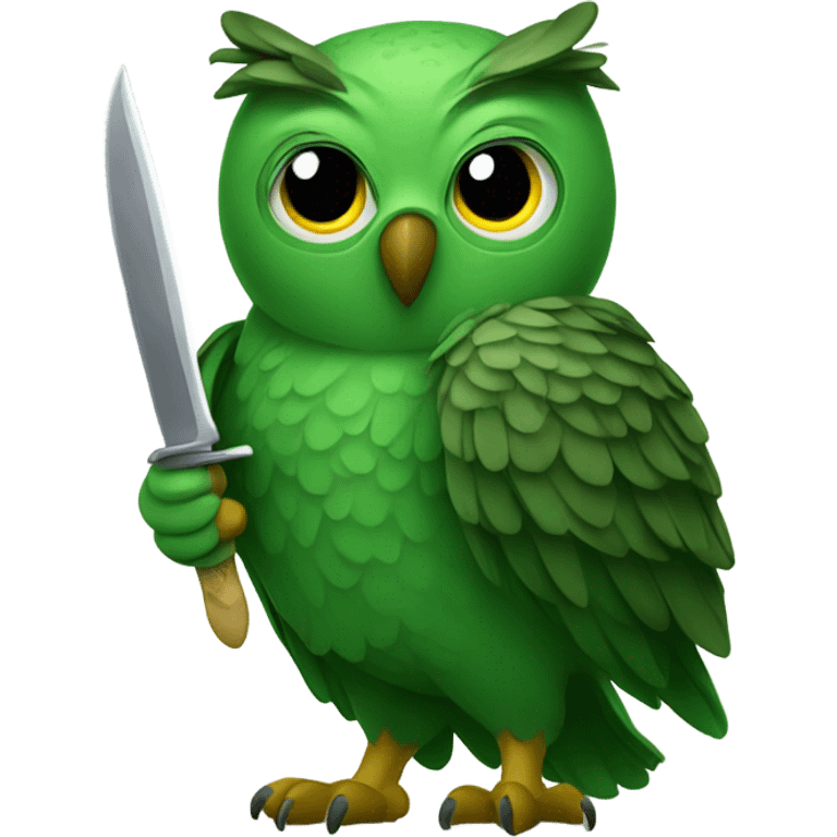 Green owl holding knife emoji