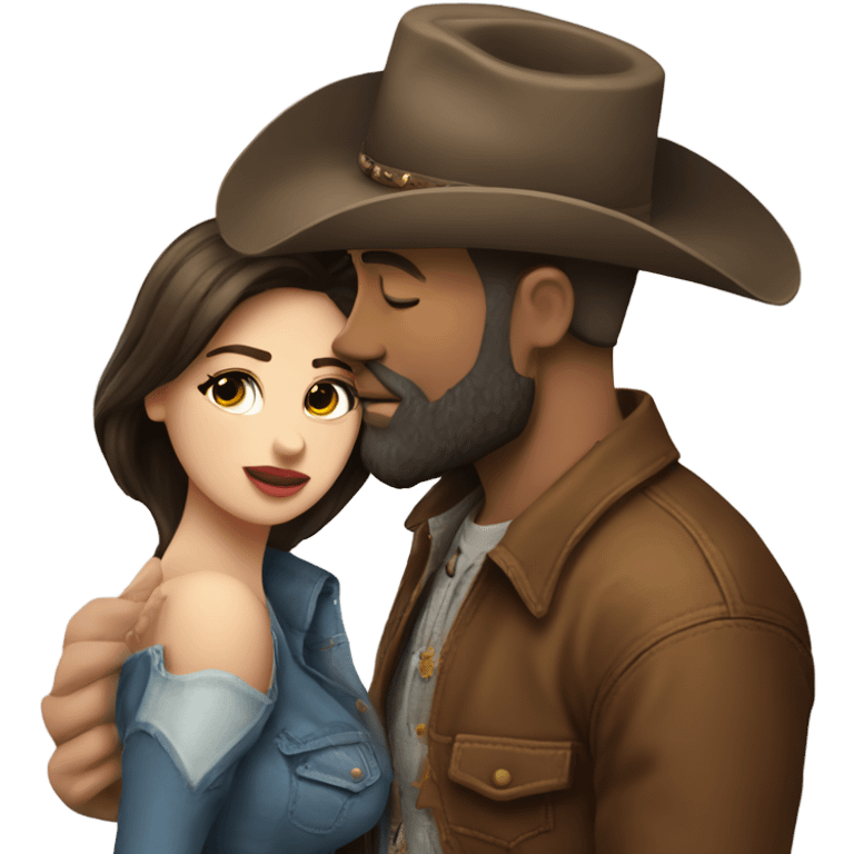 Tall bald bearded cowboy kissing curvy beautiful brunette  emoji