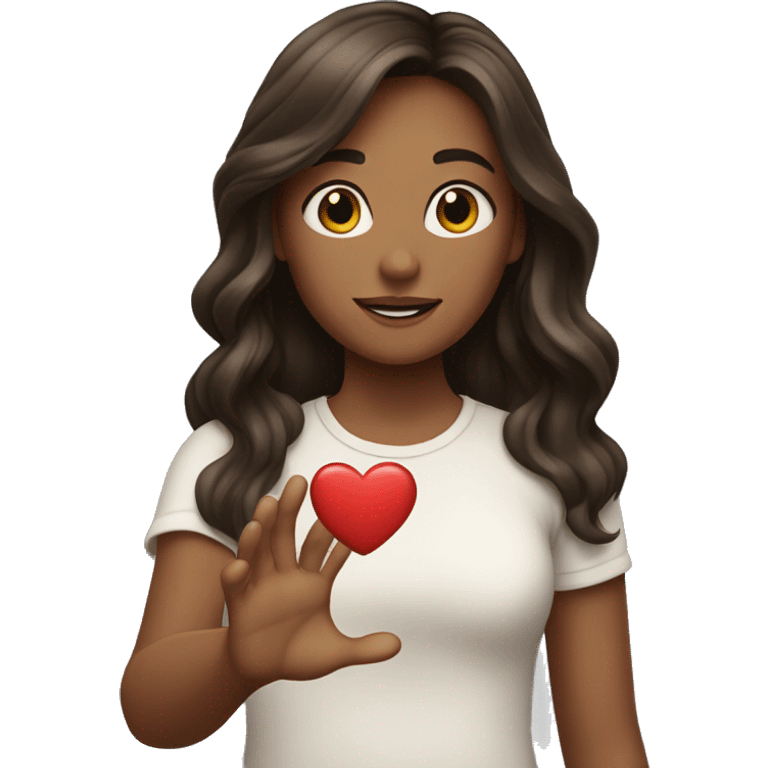 girl with long brunette hair heart in outstretched hand emoji