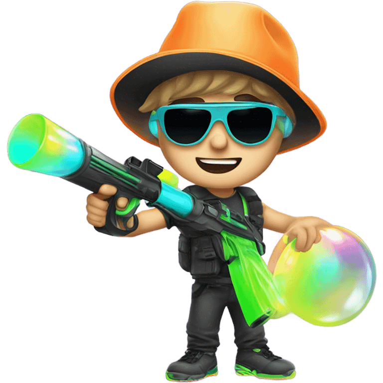 Caucasian boy in glowing rave gear with sunglasses and mask and hat and headlamp and shooting a bubble gun emoji