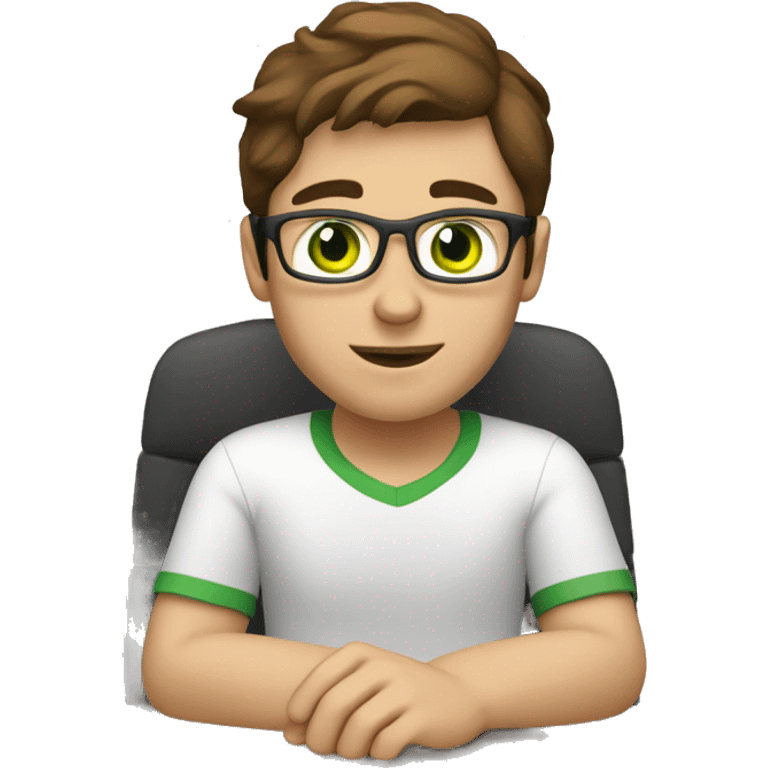 white software engineer, with brown hair, brown and green eyes, programming on a computer emoji